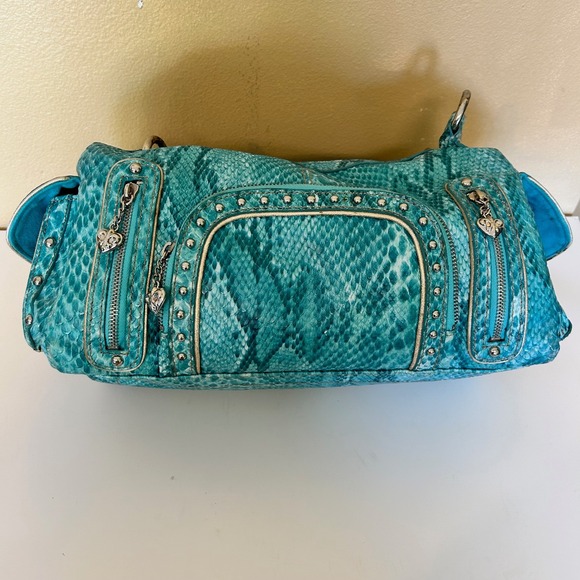 Kathy Van Zeeland Turquoise Snakeskin Satchel Bag Studded Heart Charm - Picture 1 of 9